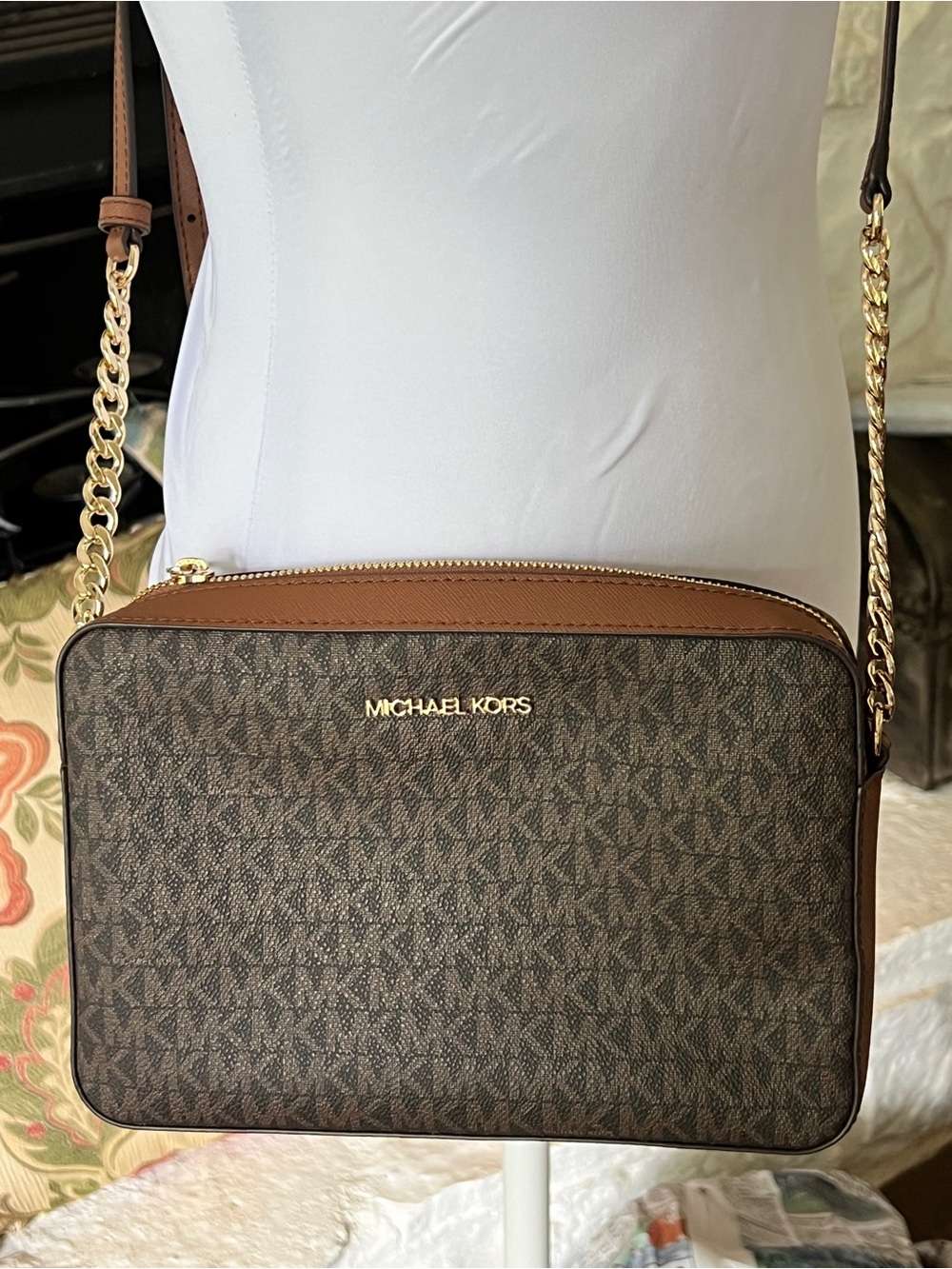 Michael Kors Brown Jet Set East West Crossbody with Gold Chain Accent